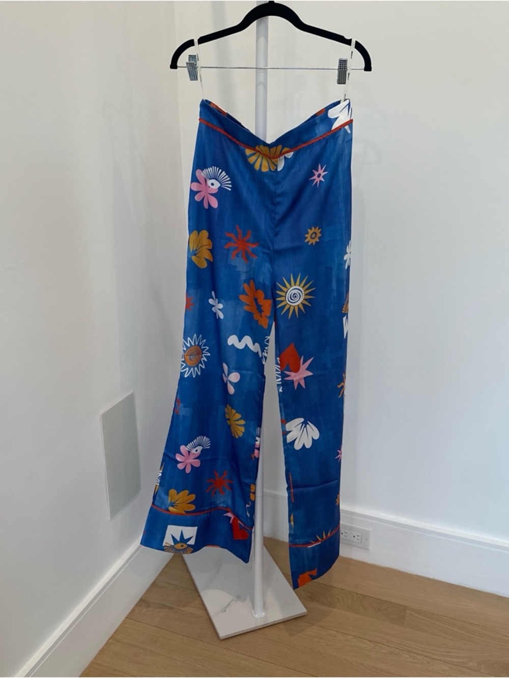 Blue Floral Wide-Leg Satin Pants